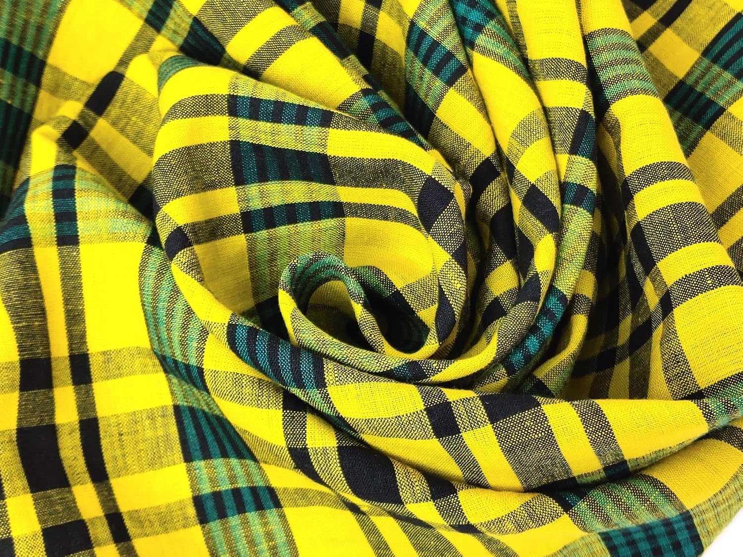 Sunny Fields: Yellow, Black and Green Linen Cotton Plaid Fabric 6619 Yellow