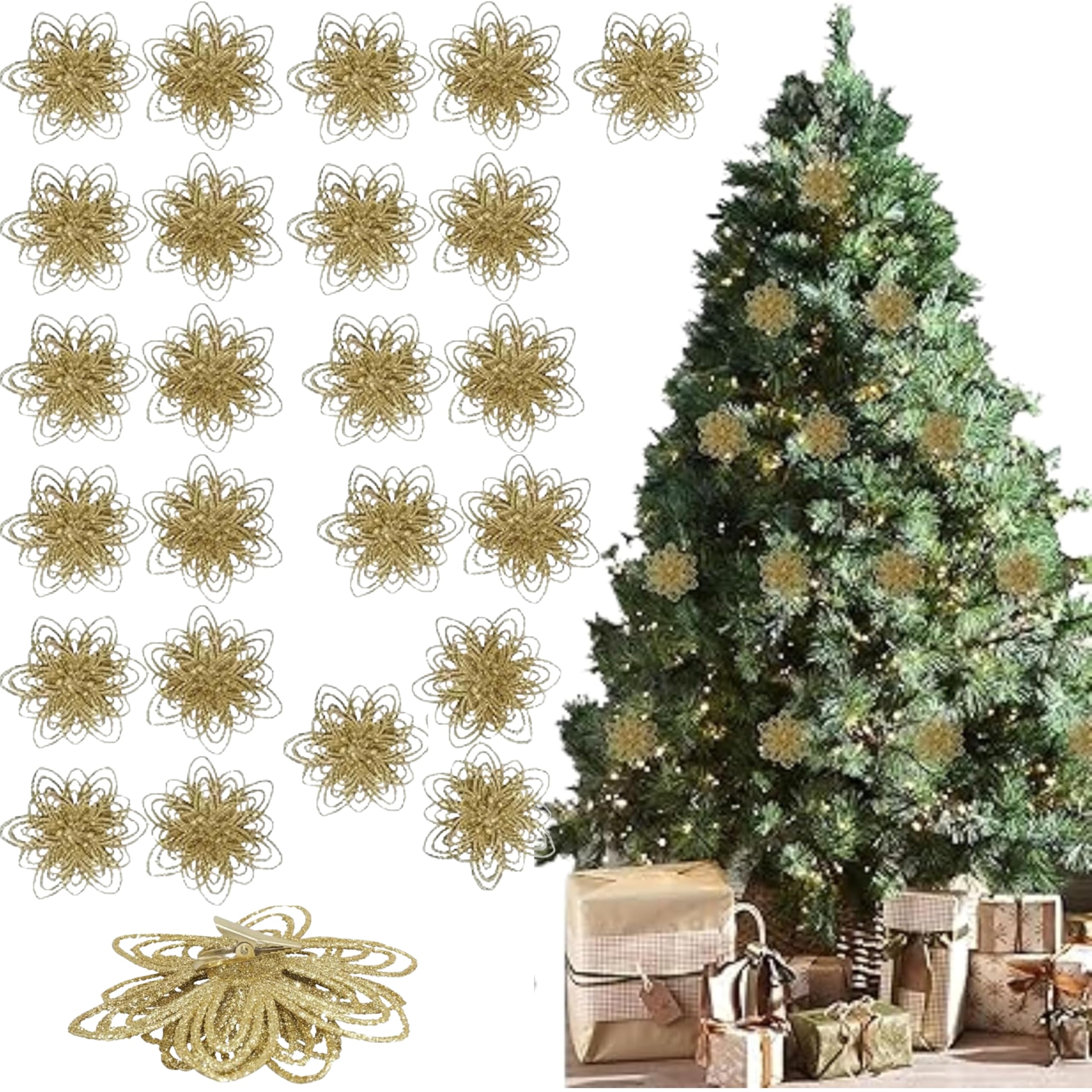 Srvertex 24X Rose Gold Flowers 24 Pack Rose Gold Glitter Poinsettia Flowers For Christmas Tree – Artificial Xmas Flower Ornaments With Clips, Holiday Home Decoration