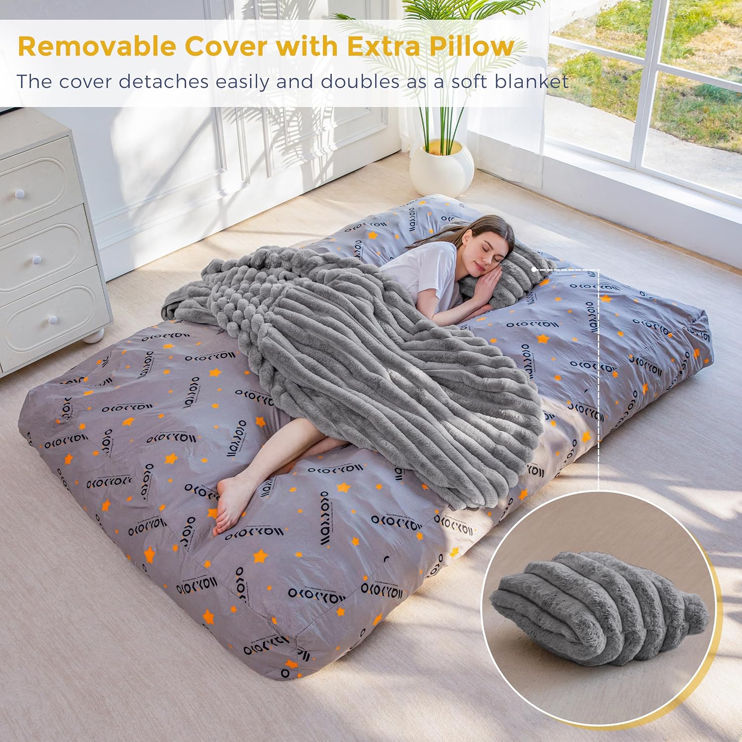 MAXYOYO Giant Bean Bag Chair Bed with Pillow, Convertible Beanbag Sofa to Floor Bed, Lazy Chair Couch with Removable Cover, High-Density Shredded Foam Filling, Cozy Lounge for Bedroom Living Room