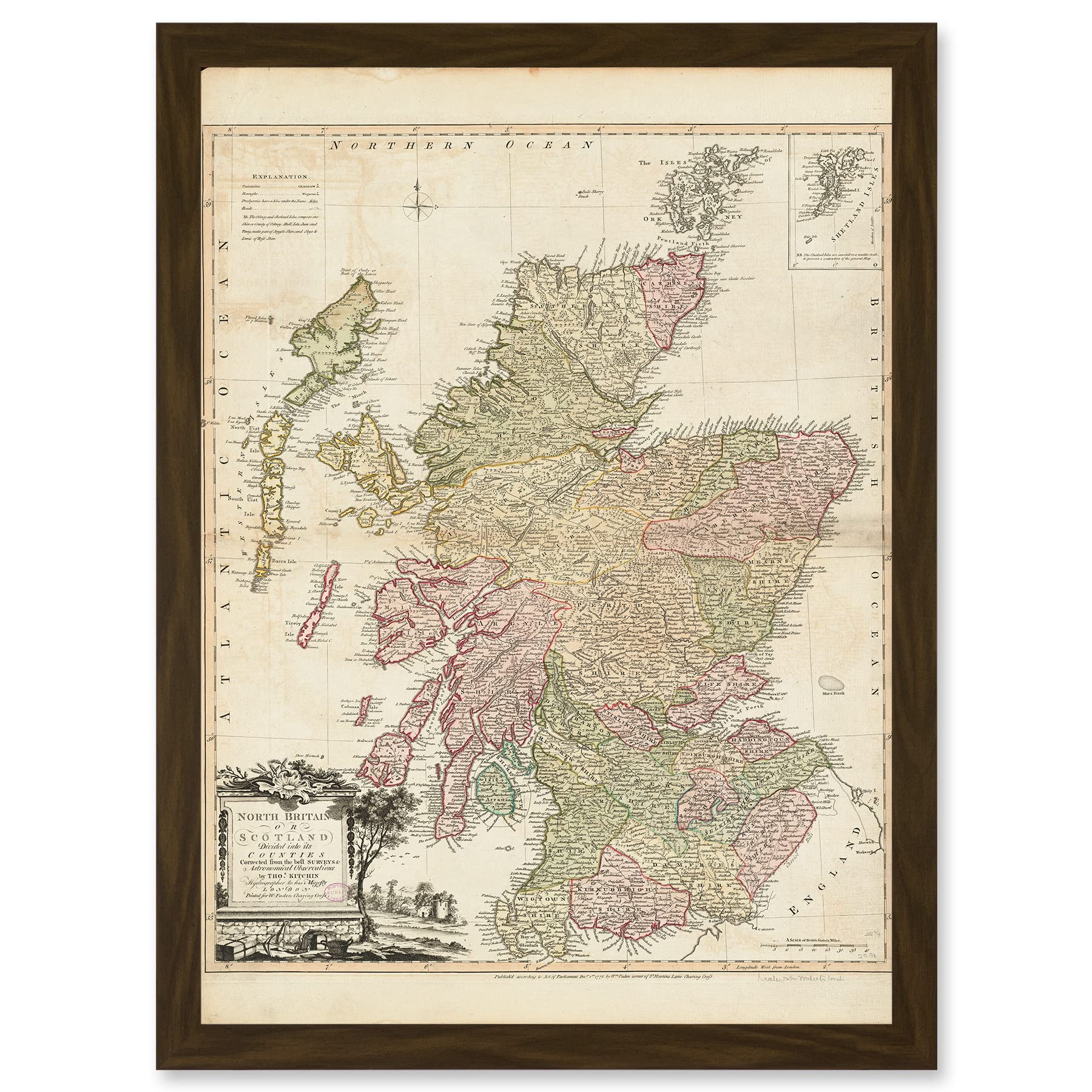Artery8 Kitchin 1778 Map Scotland Counties North Britain Artwork Framed Wall Art Print A4