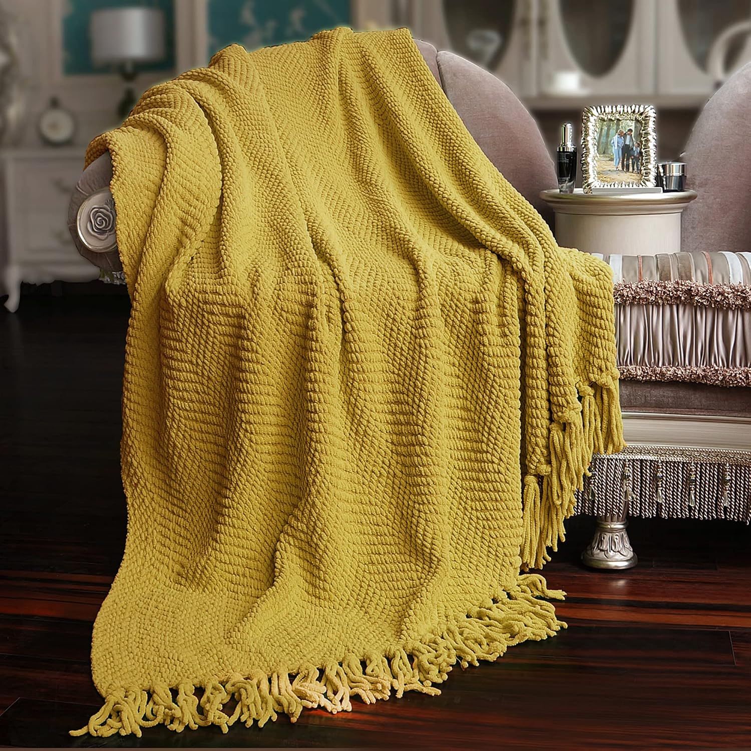 Home Soft Things Yellow Throw Blanket Knitted Tweed Throw 50'' x 60'', Lemon Curry, Super Soft Cozy Warm Comfortable Breathable Throw for Living Room Chair Couch Bed Sofa Bedroom Home Décor