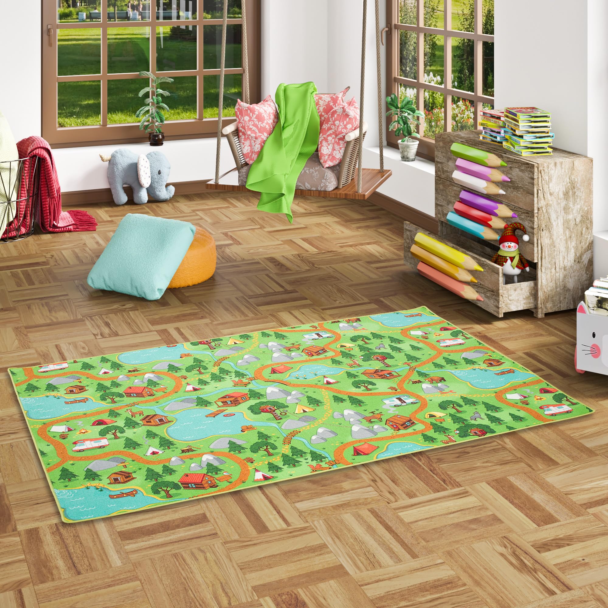 Snapstyle Kinder Spiel Teppich Campingplatz Grün in 24 Größen