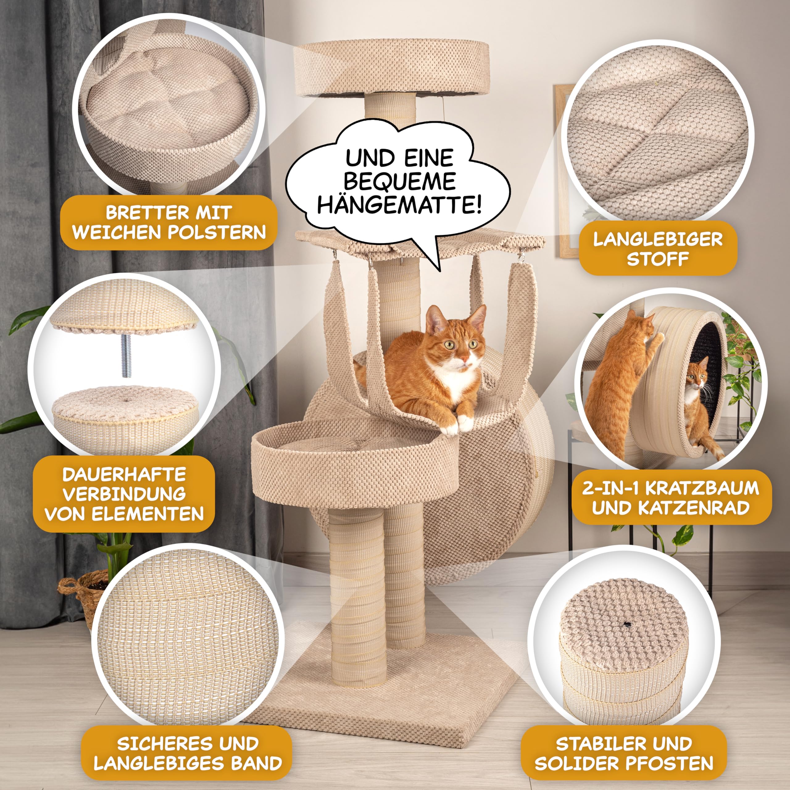 Outentin Kratzbaum für Katzen, mit kleinem Katzenlaufrad aus Holz, Massiver & Stabiler Katzenbaum, Robuster mittelgroßer Kletterbaum & Aktivitätskratzbäume, 135 cm hoch, Dicke Stämme (Beige)