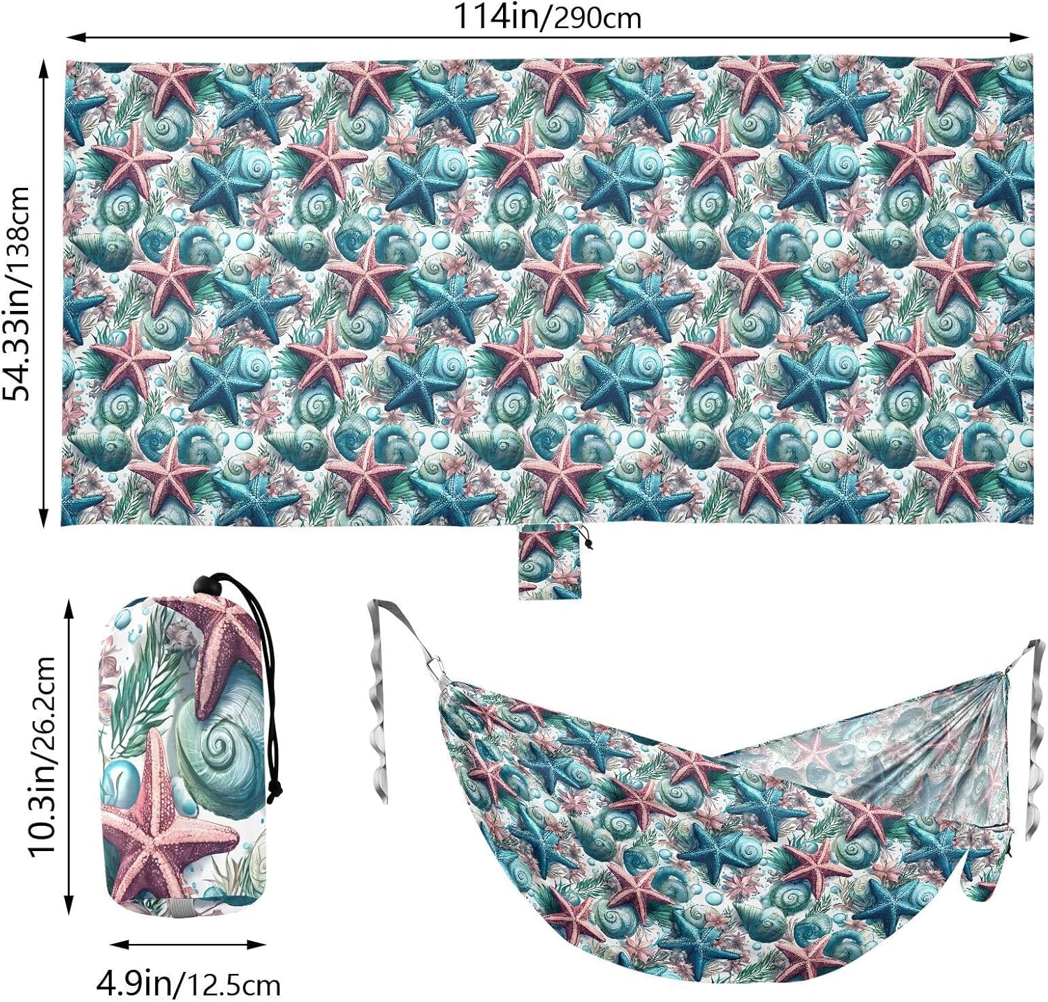 ALAZA Starfish Shell Camping Hammocks Single or 2 Person 500 lbs Portable Parachute Travel Hammock w/Tree Straps for Hiking Backpacking Indoor Outdoor