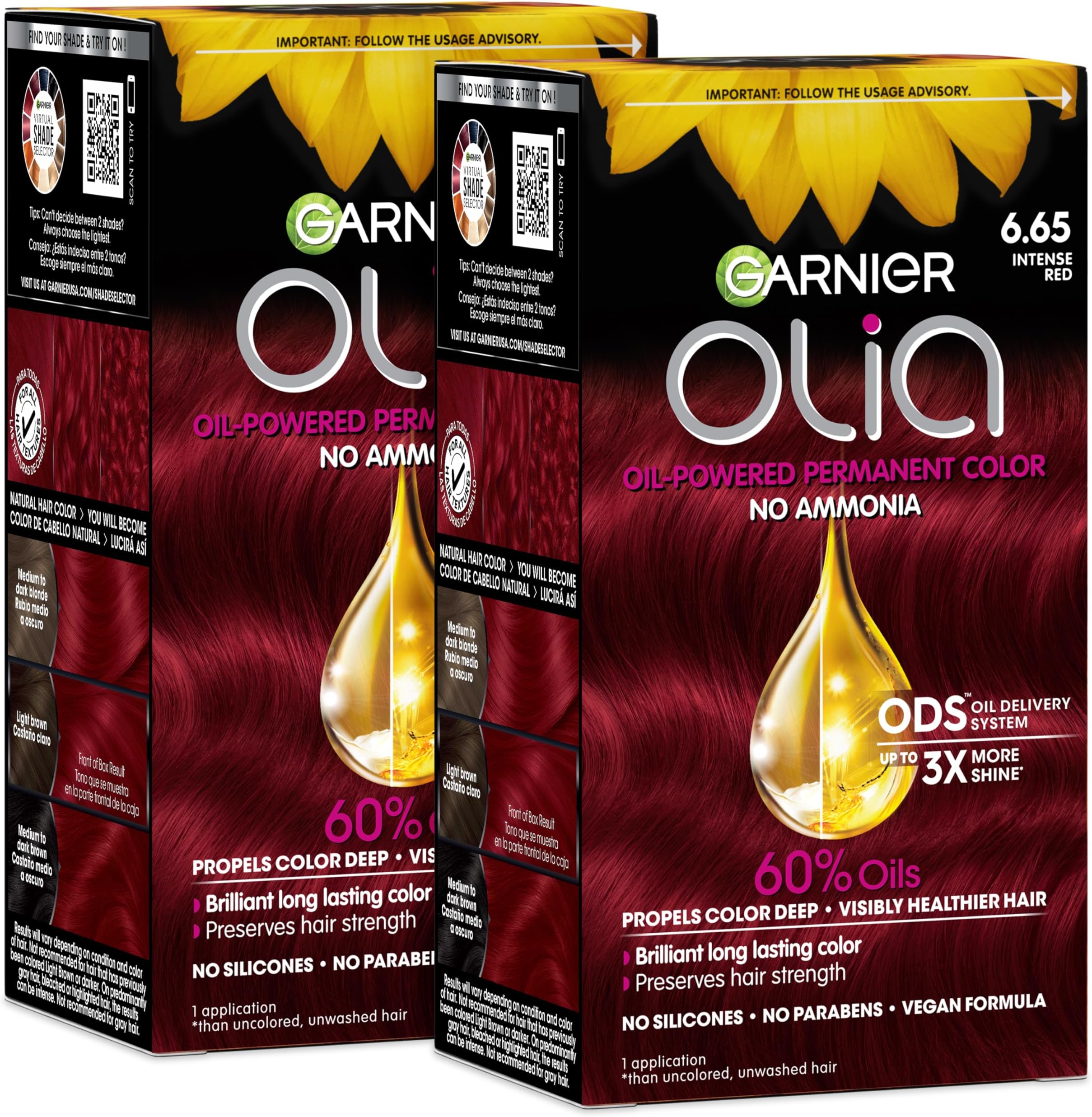 Garnier Olia Hair Color, Ammonia-Free Permanent Hair Dye, Oil-Powered Formula for 100% Gray Coverage and 3x Shinier Hair, Vegan & Cruelty Free, 6.65 Intense Red, 2 Count