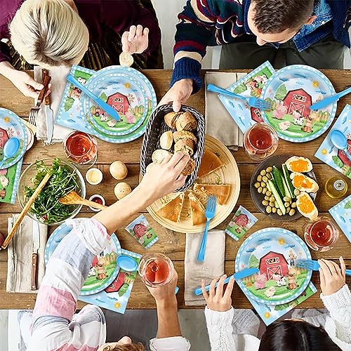 Miniatura 7 de Juego de vajilla de suministros para fiesta de animales de granja, decoraciones de baby shower de cumpleaños de granja, incluye platos de cena,
