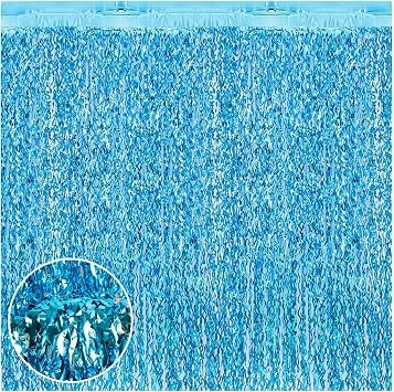 4 Pack Wavy Foil Curtain Backdrop Teal Blue Metallic Tinsel Foil Fringe Curtain for Shark Birthday Under The Sea Party Mermaid Birthday Winter Theme Ice and Snow Photobooth Props