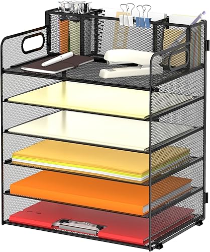 SUPEASY Organizador de escritorio de 6 niveles con asa y 3 soportes para bolígrafos, organizador de papel de mallaarchivos para escritorio,