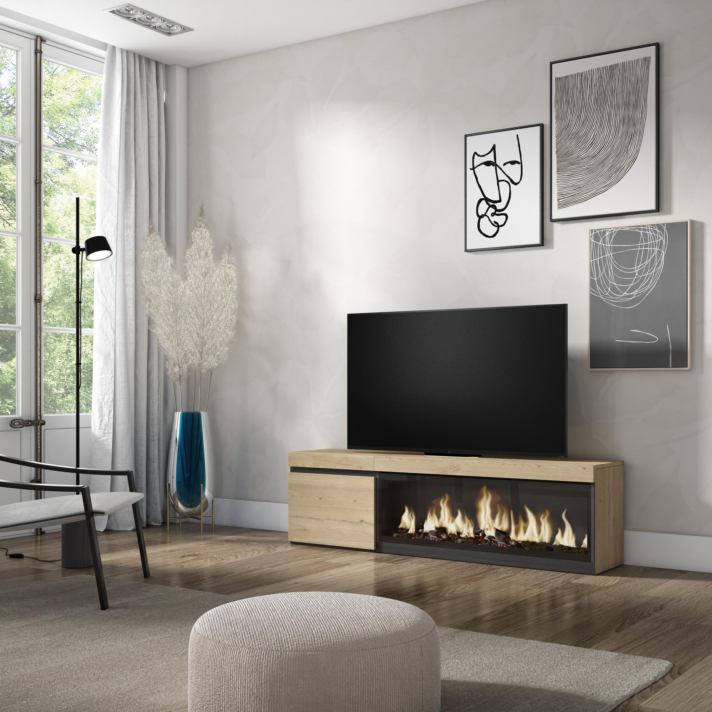 Skraut Home | Meuble TV | Banc Télé | Grand Espace de Rangement | 160 | pour Les TV jusqu'à 65" | Cheminée électrique XXL | Style Moderne | Chêne