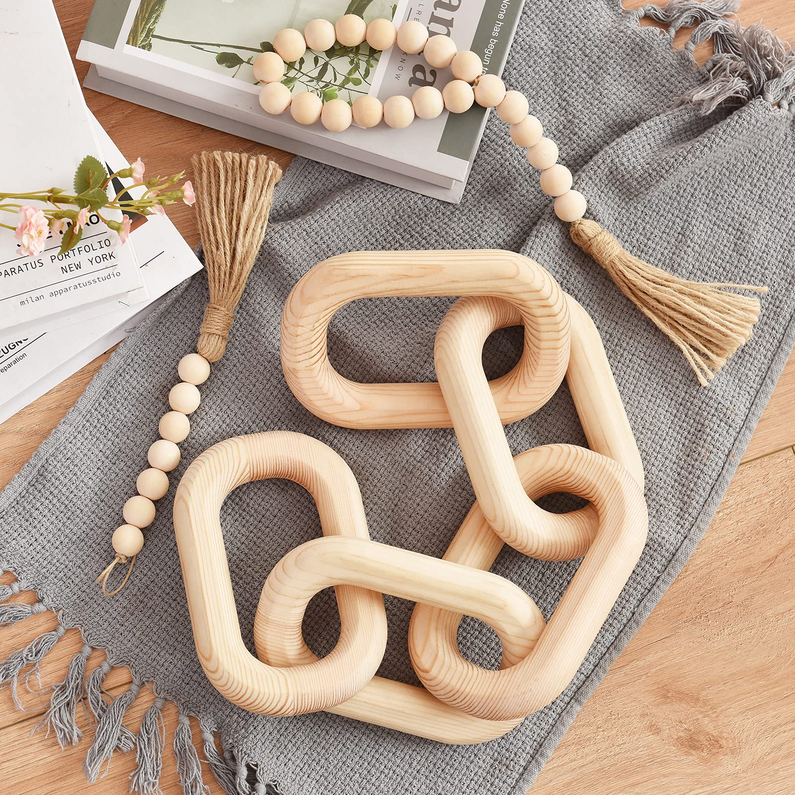 3 Pieces Wood Chain Link and Bead Garland Set, Hand Carved Pine Wood Chain Decor, Decoration Set for Living Room, Entry Way, Office Decor, Housewarming Gifts for New Homeowners, Natural