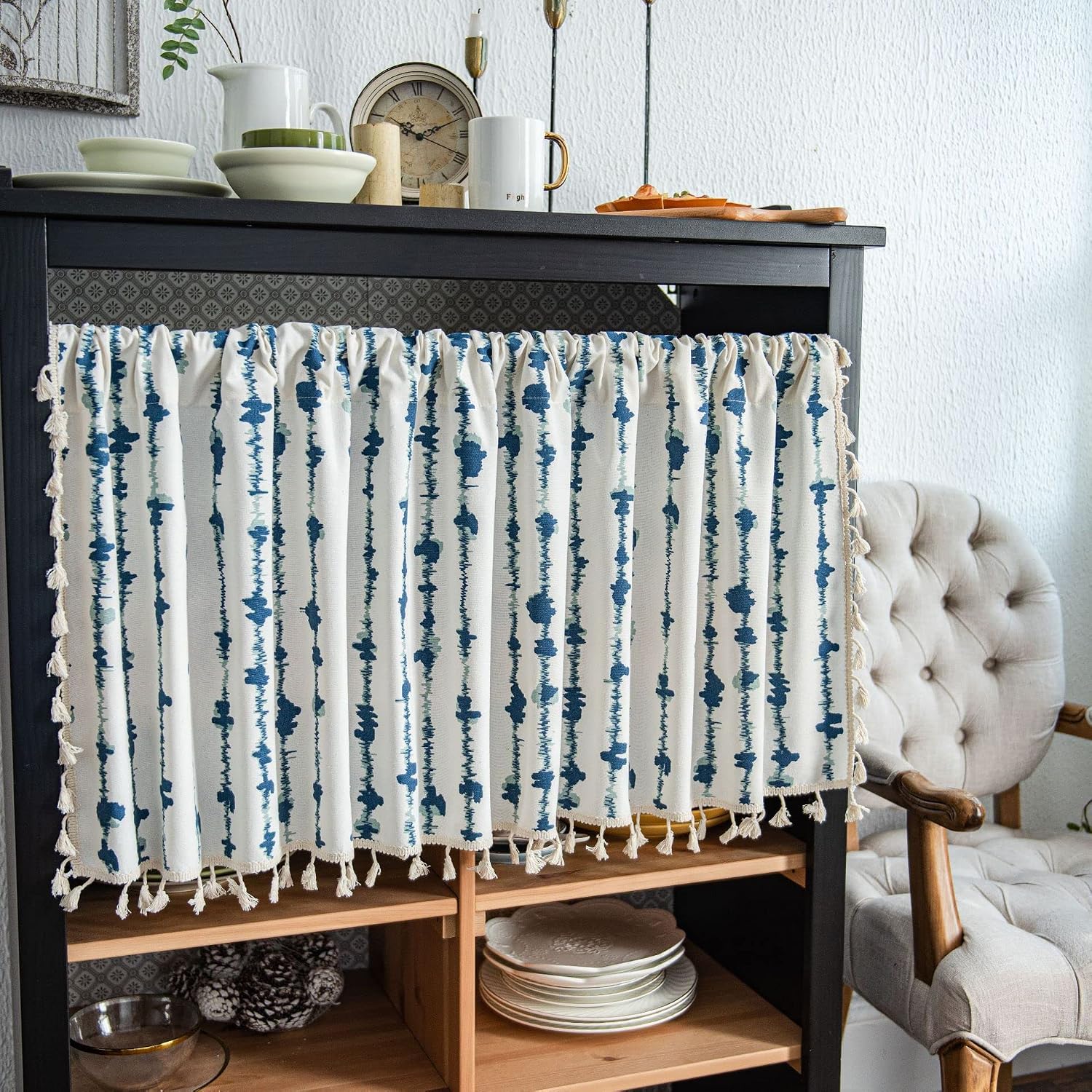ABREEZE Boho Kitchen Curtains Valances for Windows,Blue Stripe Cotton Linen Darkening Curtains with Tassel Farmhouse Rod Pocket Bathroom Window Treatment Valances for Living Room Bedroom,59''W x 18''L
