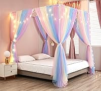 Vista 7 de Akiky Cortinas de Cama con Dosel con Luces de 4 Postes Esquineros para Adultos y Niñas, Cortinas de Cama con Red de Arcoíris - 8 Paneles