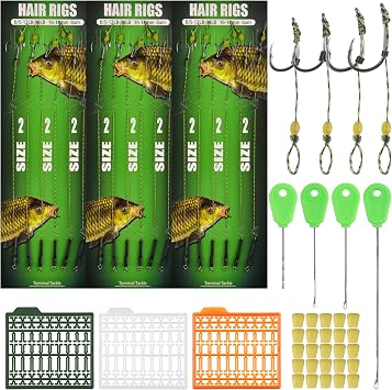 Carp Fishing Hair Rigs Kit,Boilies Fishing Bait Rig Curved Barbed Carp Hook Swivel Braided Thread Line with Corn Bait Stopper Needle Tool Carp Fishing Equipment Accessories
