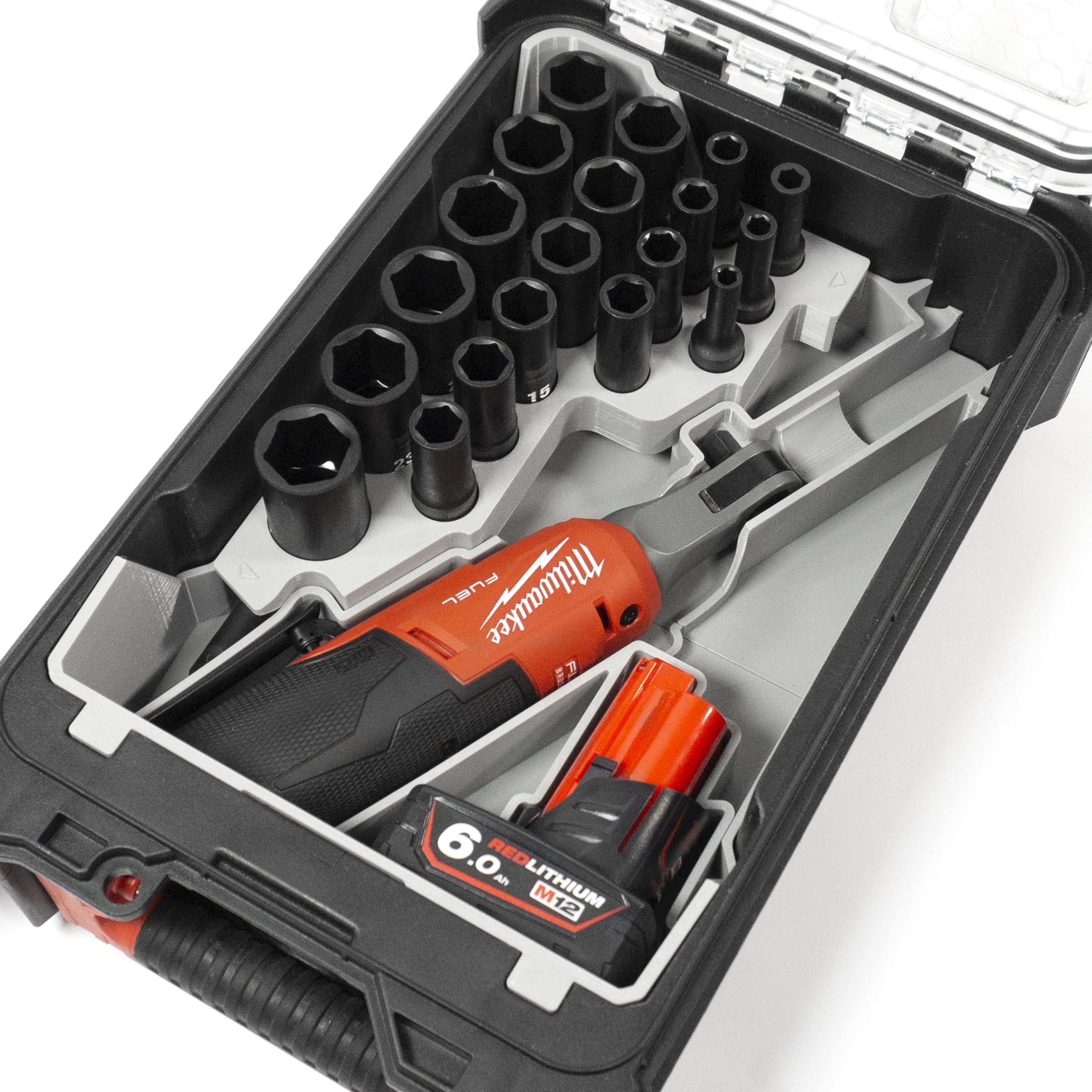 Insert Tray Compatible with Milwaukee M12 3/8" HS Ratchet FHIR38-0, 2567-20, Metric Sockets 6-24mm & PACKOUT Organiser (Grey, Socket Tray)