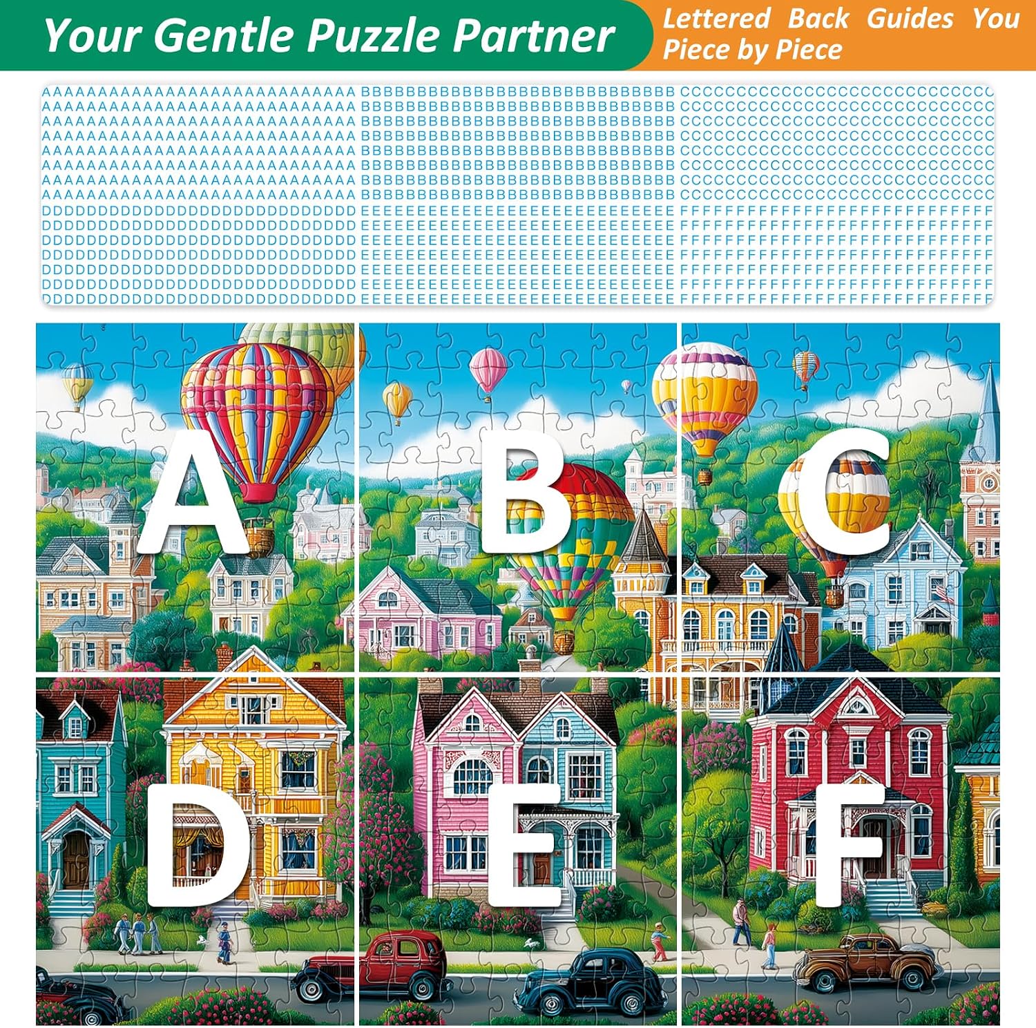 300 Piece Puzzles for Adults,Happy Town Puzzle for Adults Children Elderly,Colorful Hot Air Balloon Jigsaw Puzzle,Interlock Perfectly Letter on Back No Dust,Family Activity Game Nights Gift,20.5x15 in
