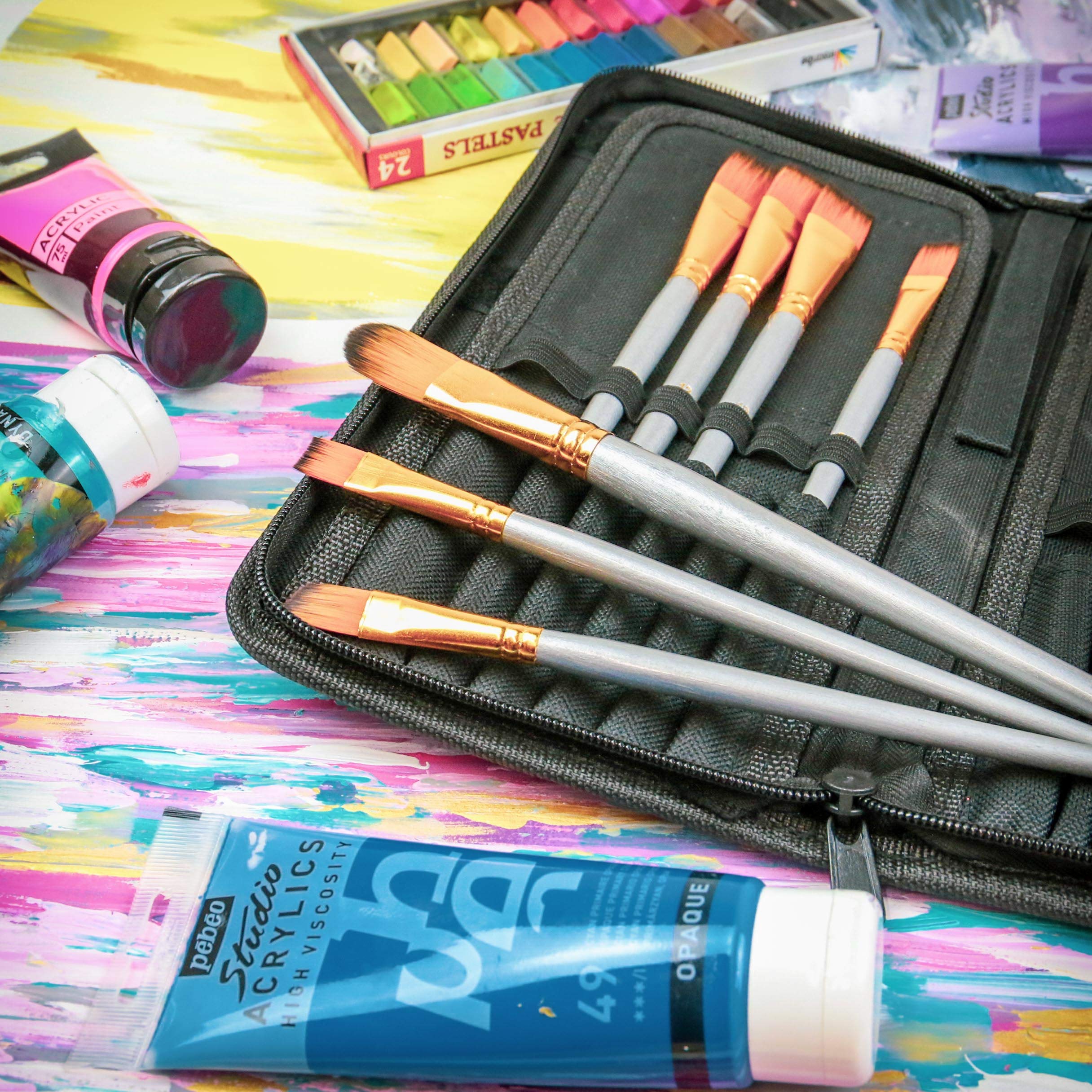 15 Piece Artists Paint Brush Set & Case Art Supplies Watercolour
