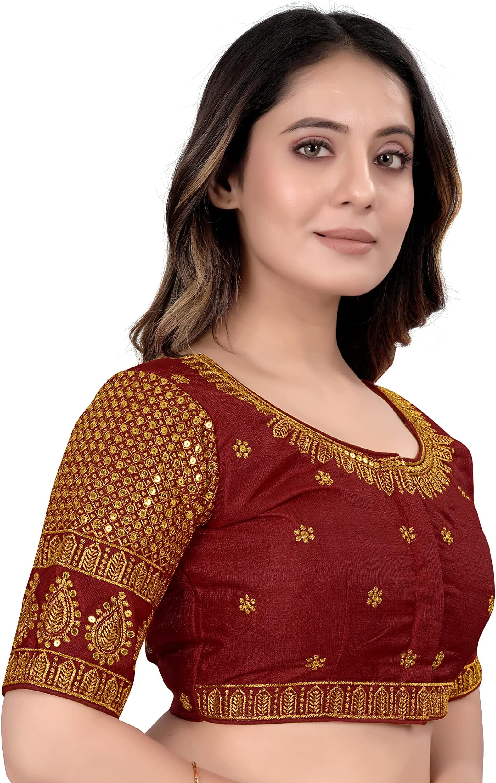 Pujia Mills Women's Art Silk Embroidery Blouse - Half Sleeve Readymade Saree Blouse With Sequence Work