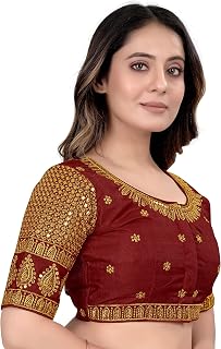 Pujia Mills Women's Art Silk Embroidery Blouse - Half Sleeve Readymade Saree Blouse With Sequence Work Price In India