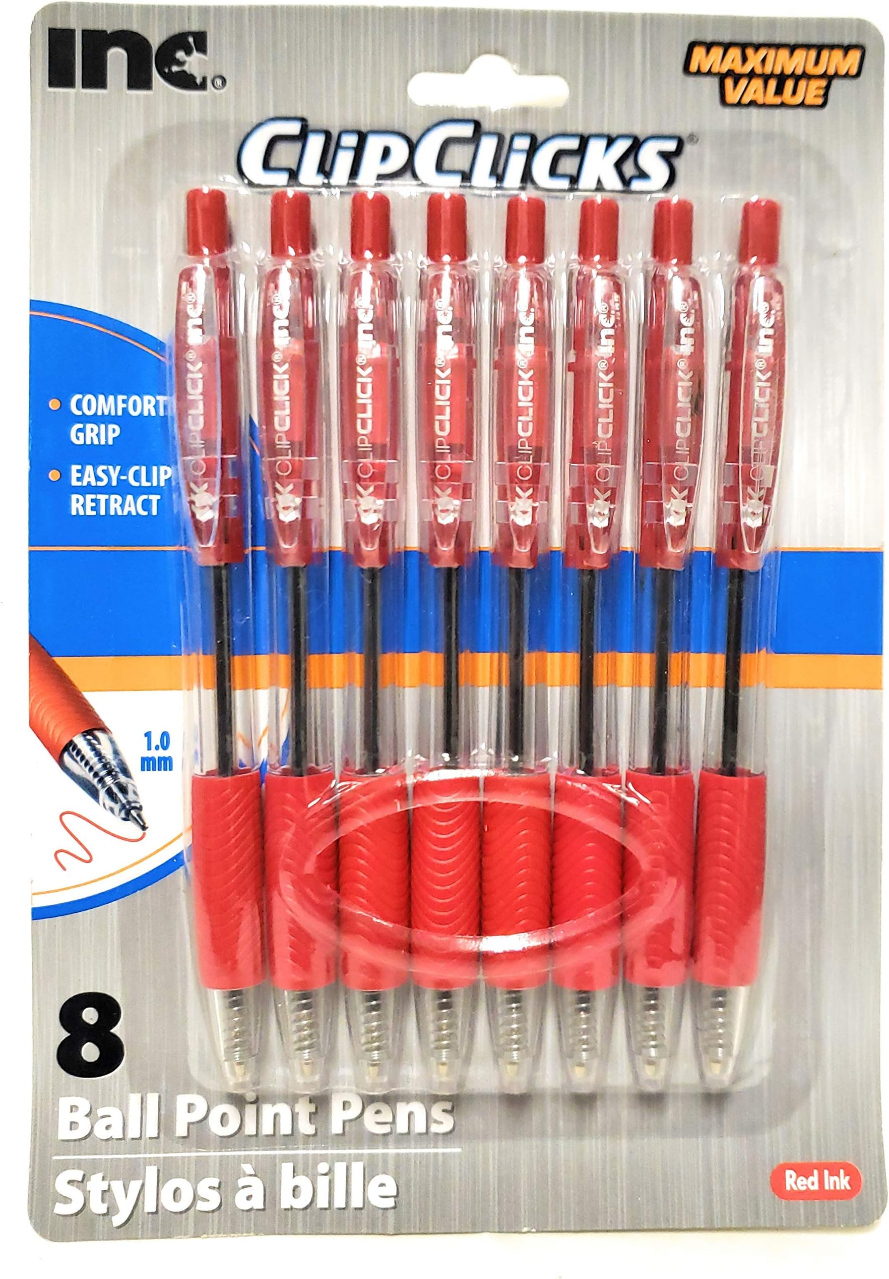 INC Retractable Ball Point Pens, 1.0 mm, Red Ink, 8-pack
