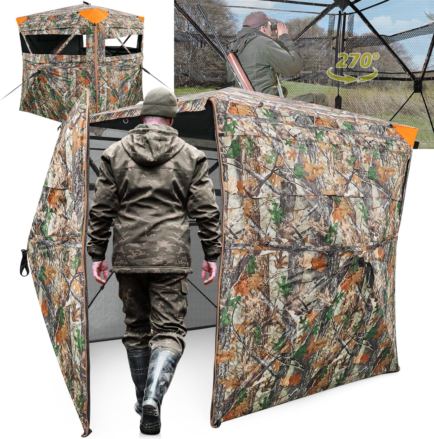 Hunting Blind See Through Ground Blind Full Open Door Deer Blind Camouflage Deer Blind with Silent Sliding Windows, Portable Hunting Tent for Deer Hunting