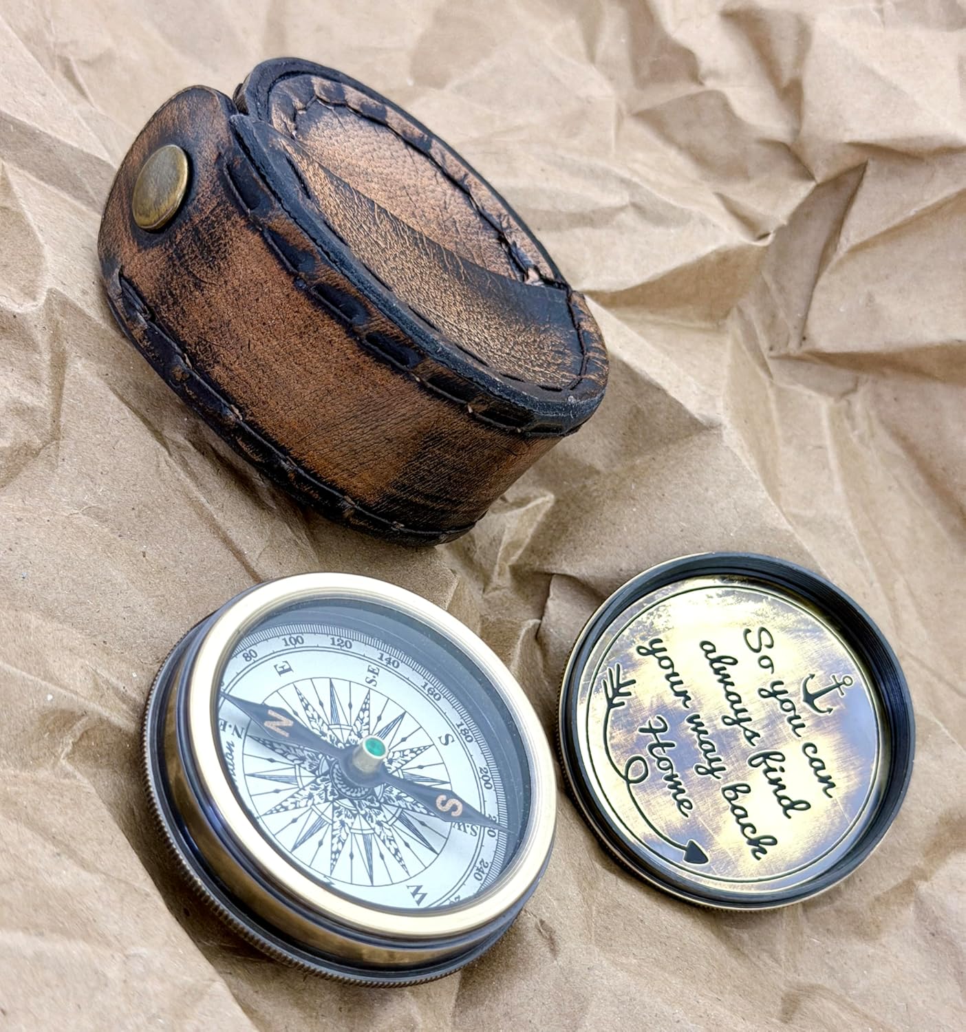 So You Can Always Find Your Way Back Home – Luxury Engraved Brass Pocket Compass with Leather Case – Inspirational Anniversary & Graduation Gift for Men