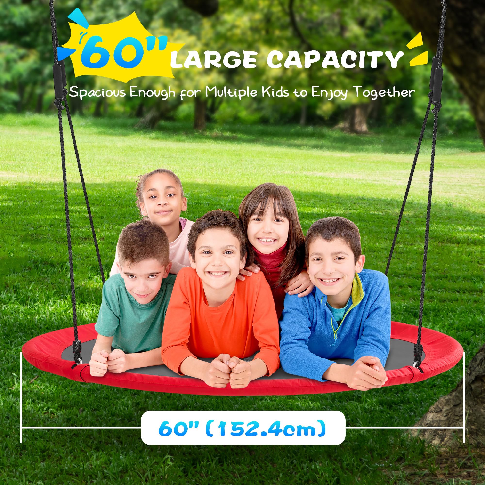 LittleLogiQ Saucer Tree Swing for Adults & Kids, 60-Inch Large Round Swings for Outdoor & Indoor, Heavy-Duty Circle Swing w/ 700lbs Capacity, 360° Rotation, 900D Oxford, 2pcs Hanging Straps - Red