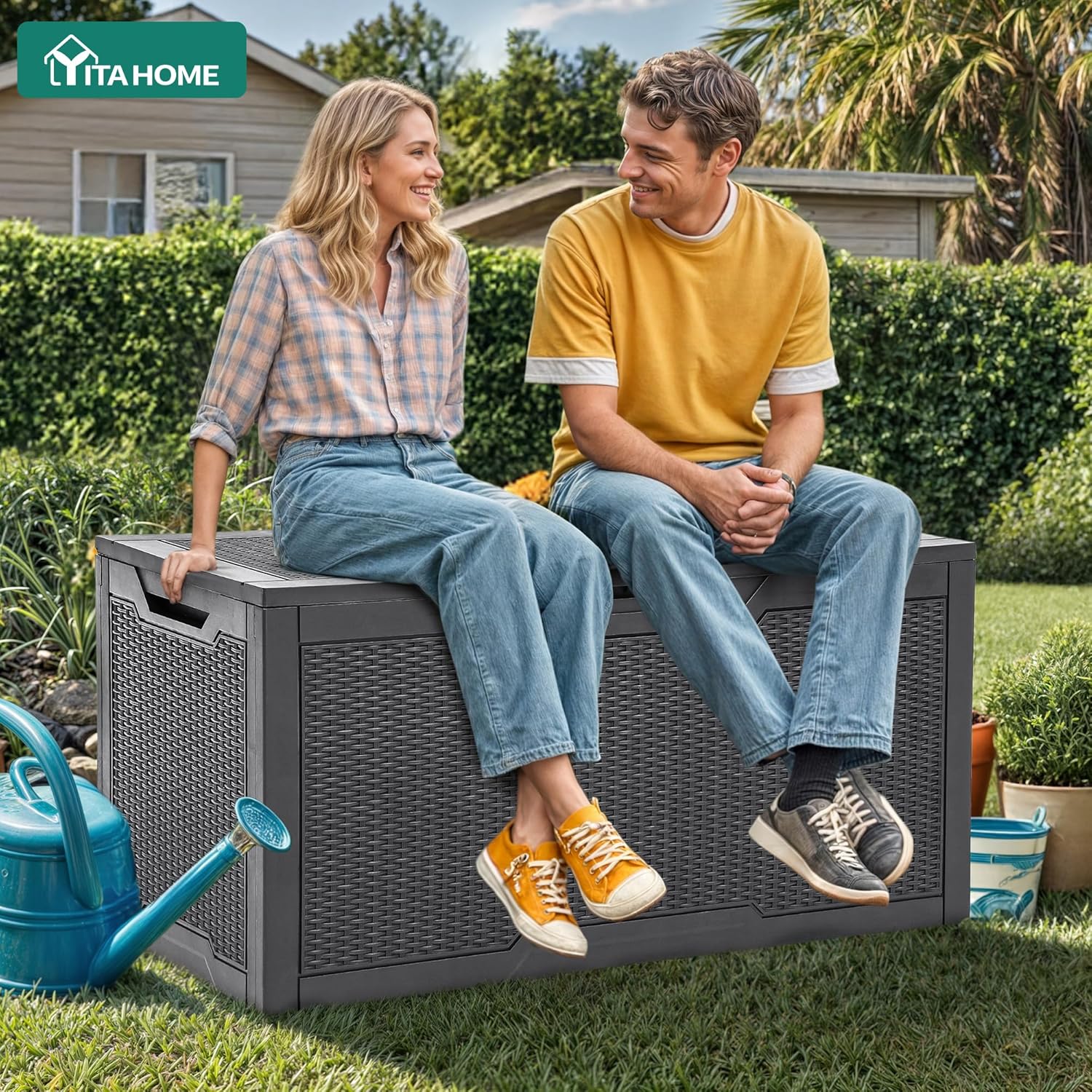 YITAHOME 100 Gallon Large Deck Box, Outdoor Resin Storage Boxes for Patio Furniture, Outdoor Cushions, Garden Tools, Water Resistant and Lockable