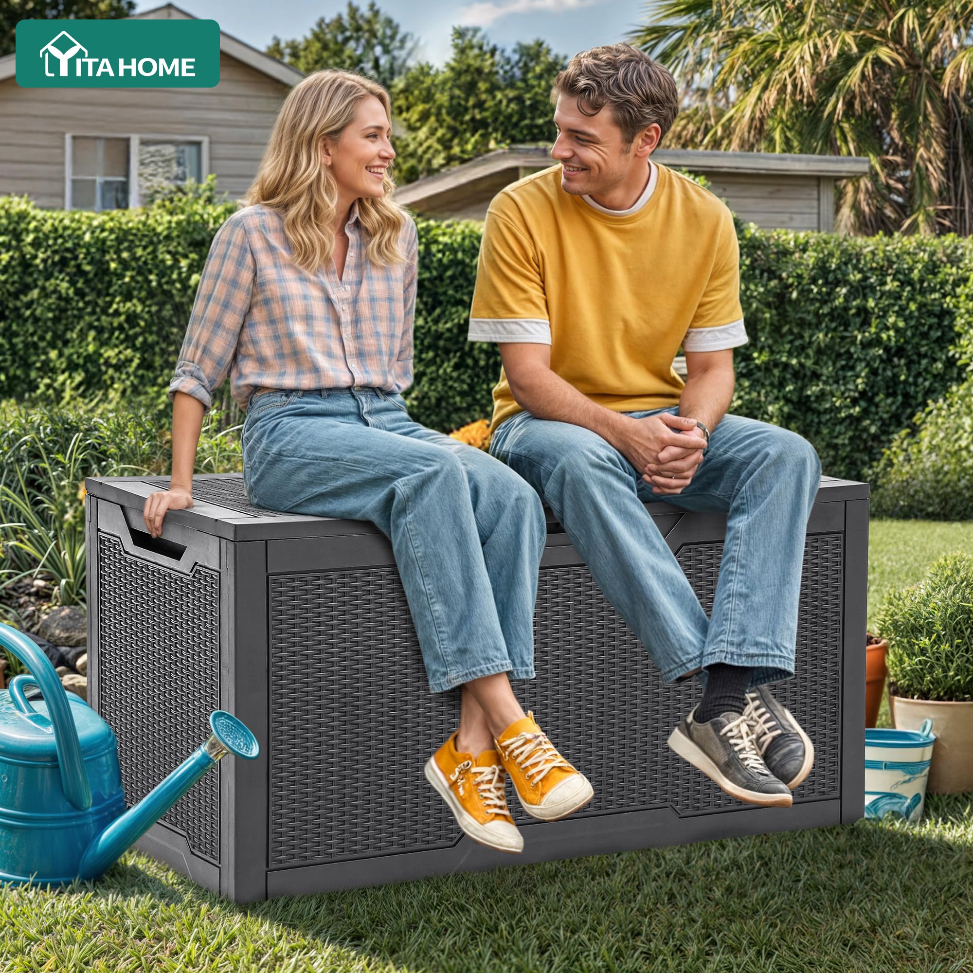 YITAHOME 380 Liter Gartenbox Wasserdicht, Abschließbarem Garten Auflagenbox, Outdoor kissenbox Wetterfest Garten Aufbewahrungsbox mit Seitengriffen für Gartengeräten Poolzubehör Spielzeug, Dunkelgrau