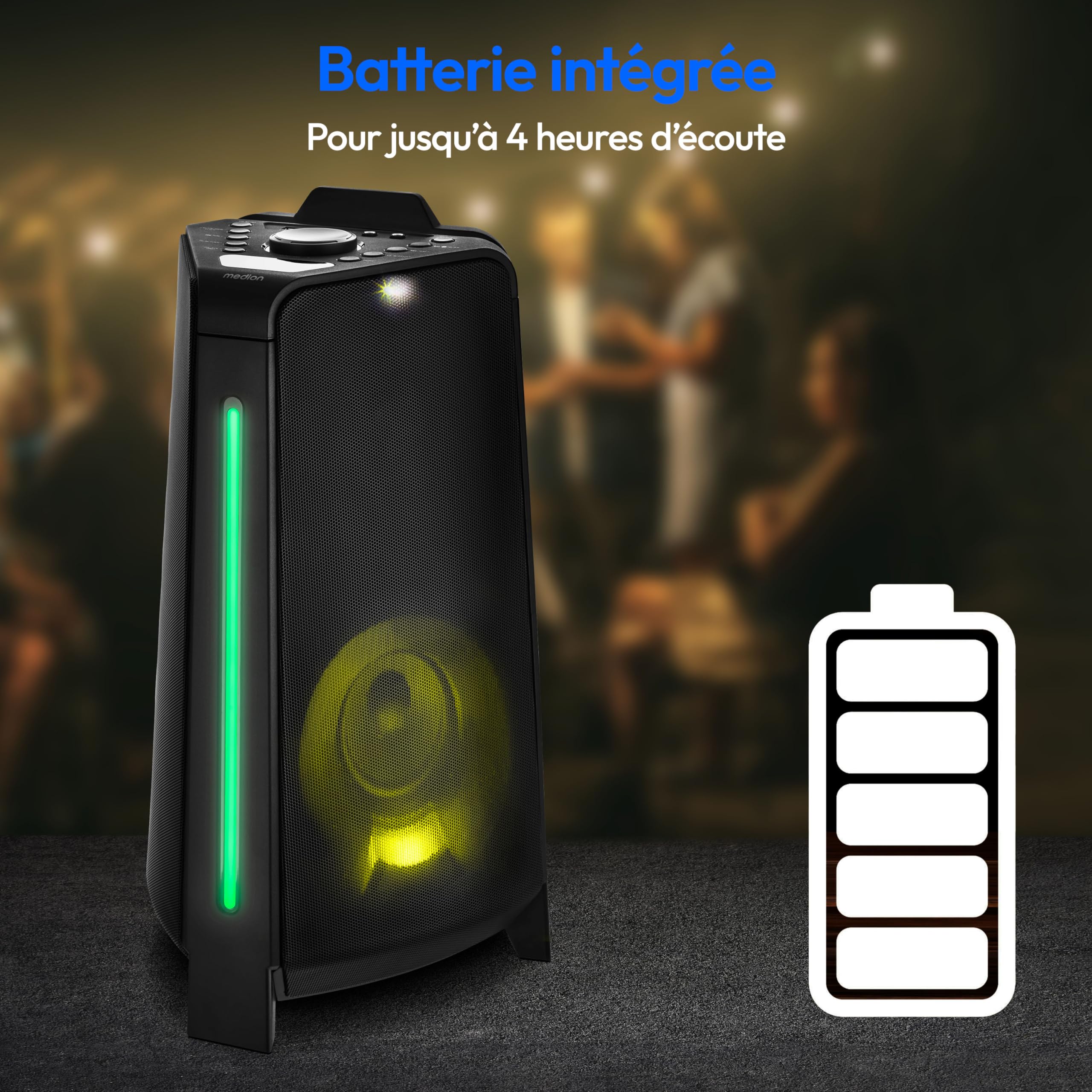 MEDION P15012 Party-Soundsystem (haut-parleurs de fête avec microphone, karaoké Partybox, batterie, Bluetooth, True Wireless Stereo, 2X 220 watts, effets lumineux, USB, AUX, 2X prise microphone, insta