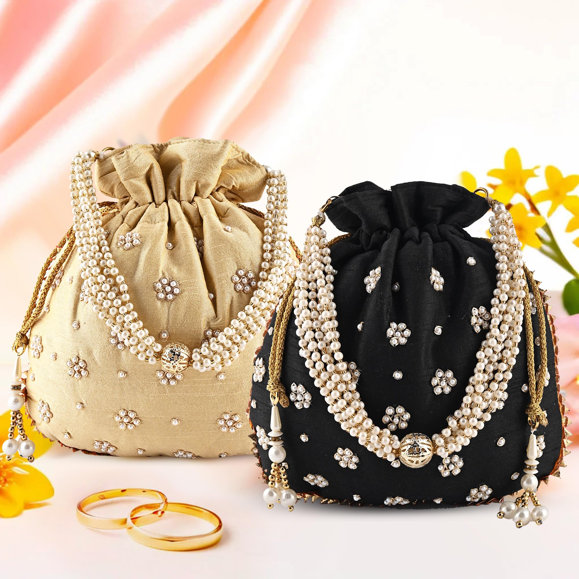 Kuber Industries Pack of 2 Potli Bags for Ladies & Girls | Women Shagun Pouches for Festive Seasons | Bridal Purse With Moti Design - Golden & Black-image-33