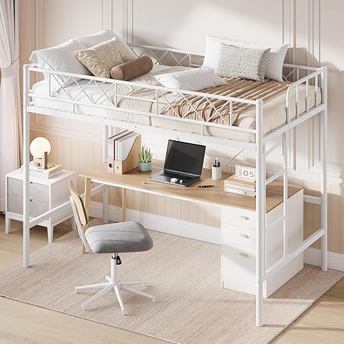 Garvee Loft Bed Twin Size for Teens & Adults, Metal Loft Frame with Safety Guardrail & Flat Ladder Rung, Heavy Duty Steel Slats, Space Saving Design, No Box Spring, White