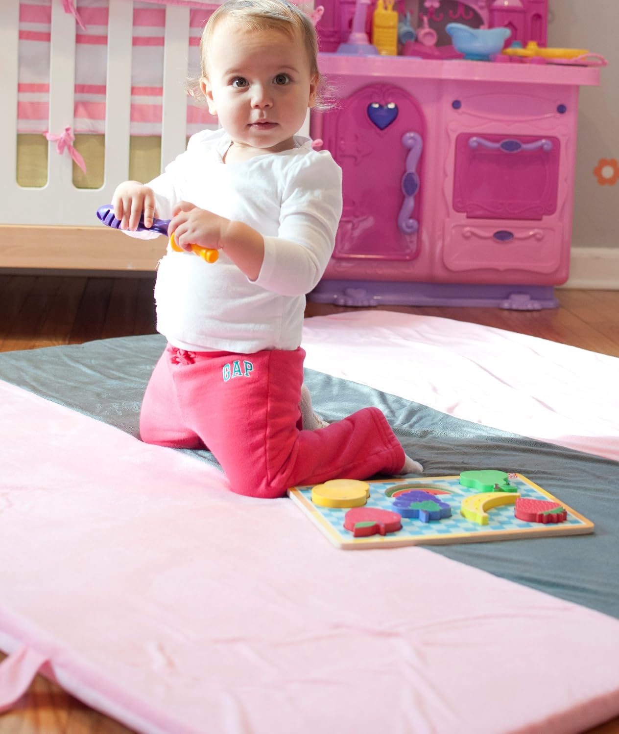 Snug Square Play Mat - Large 55" Ultra-Comfortable, Plush Foam Playmat for Baby, Toddler, and Children with Bonus Carry Case (Pink-Slate)