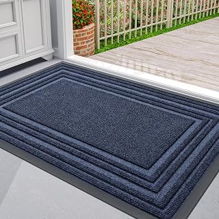 Tapete de goma natural antideslizante resistente para interiores y exteriores, 29 x 17 pulgadas, tapete de entrada de perfil bajo para el hogar, garaje, granja, color negro y azul marino, 36 x 24