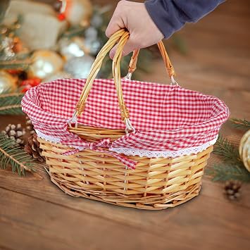 Foldable Handle Wicker Shopping Baskets Gift Hamper with Fabric Lining (Honey, Small)