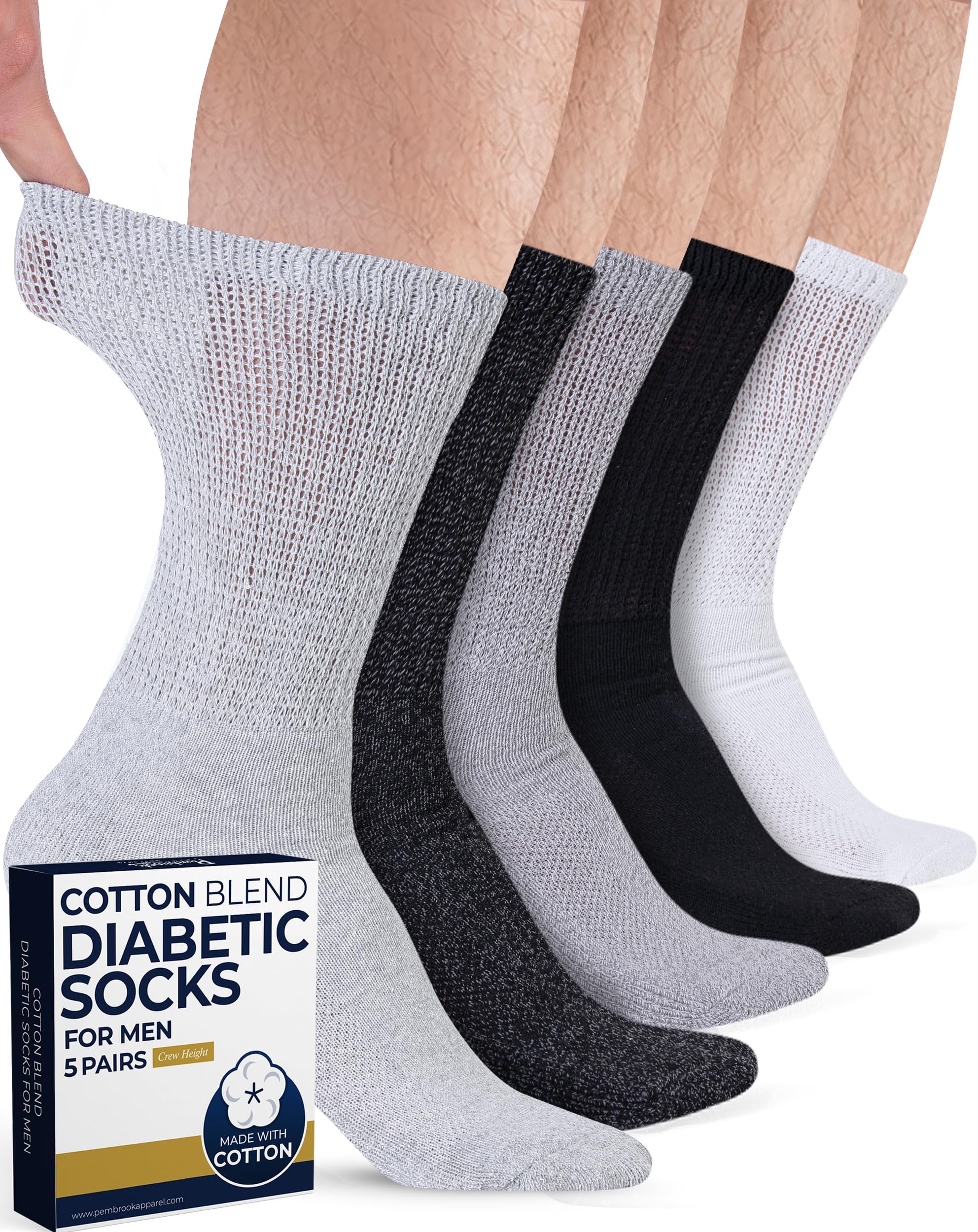 Cotton Diabetic Socks for Men - 5 Pairs Crew Mens Diabetic Socks, Non-Binding, Moisture-Wicking, Loose Fit