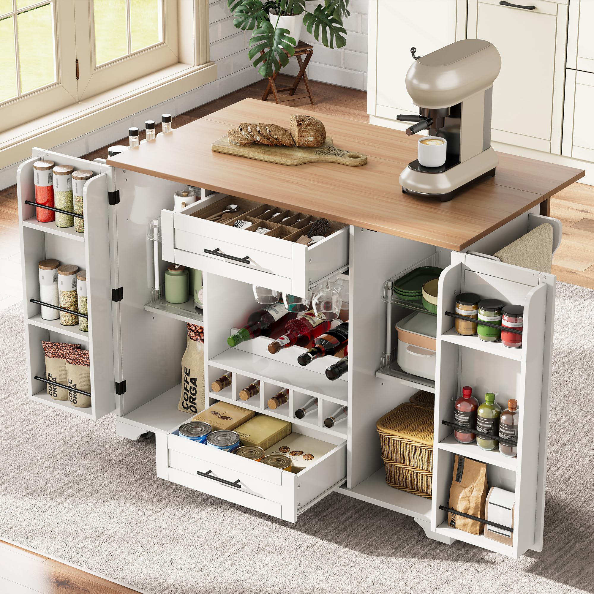 Isla De Cocina Móvil con Ruedas, Carro de Cocina con Mesa de Comedor Extensible, Mueble Auxiliar Cocina con Botellero, Soporte para Vasos, Estante para Especias y Toallero, 120x45x92cm (Blanco)
