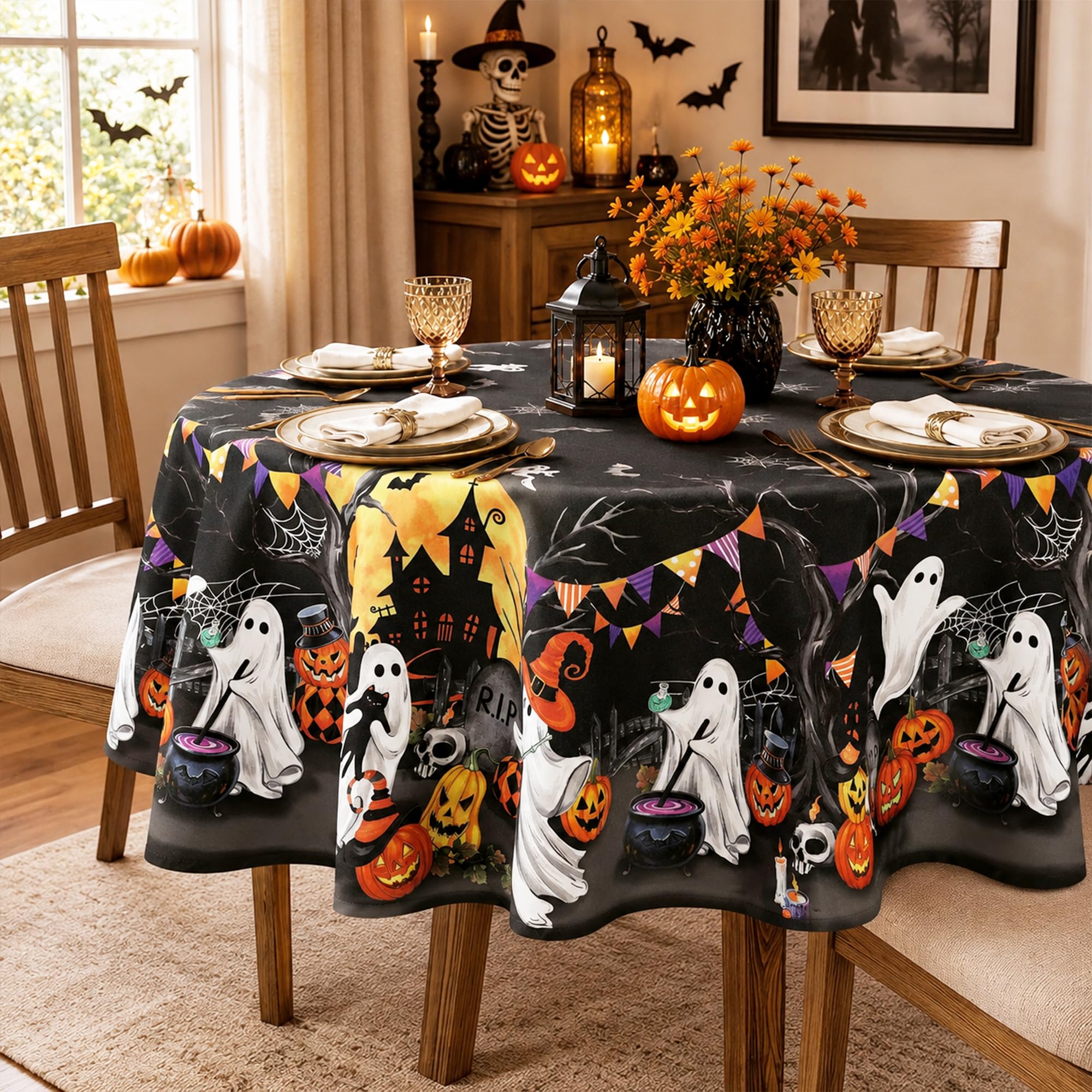 Arquiel Halloween Boo Polyester Tablecloth, Pumpkin Castle, 152 cm, Round