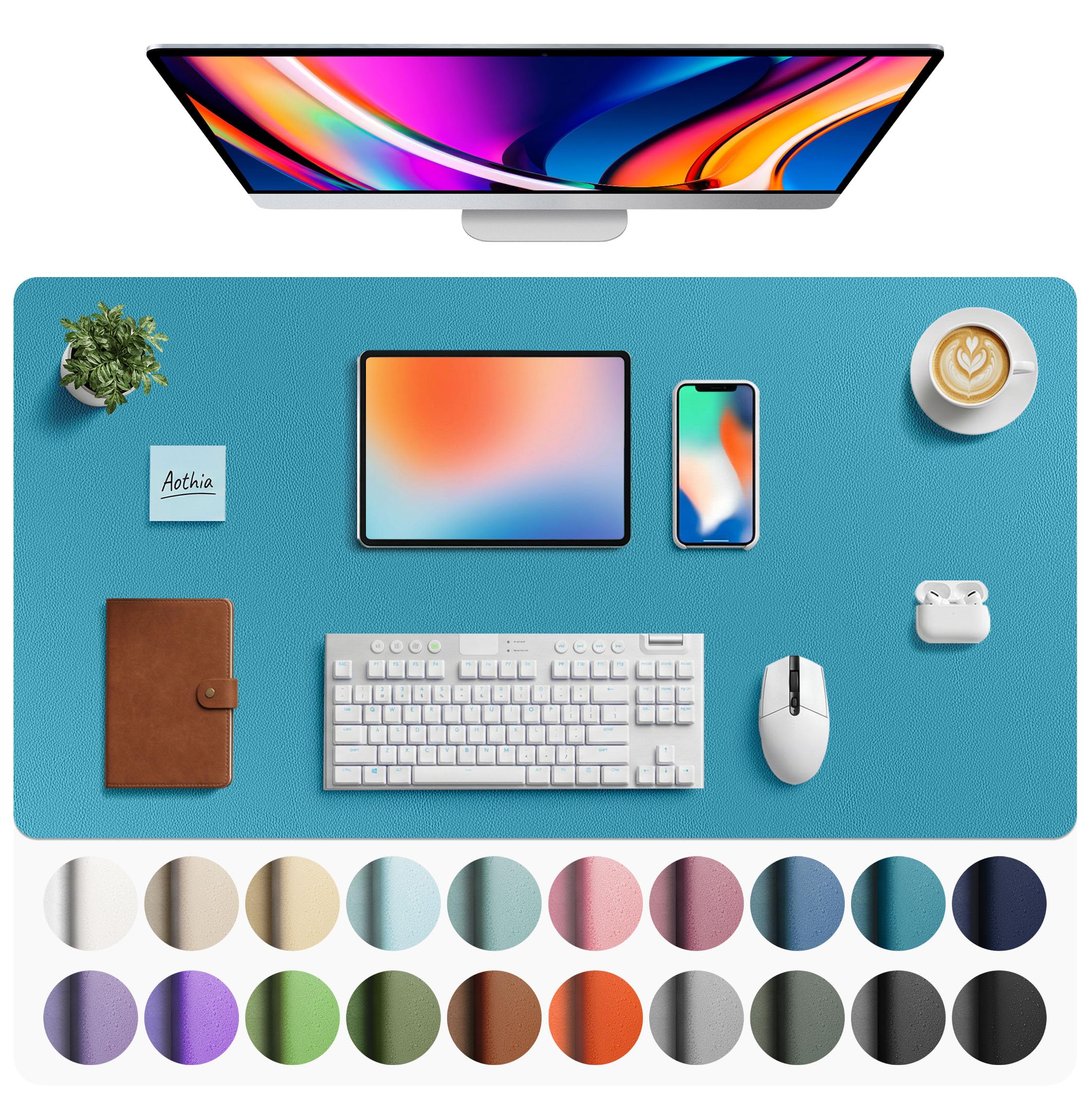 Aothia Turquoise Faux Leather Desk Mat XL (40" x 24") | Waterproof & Non-Slip Surface - main product image