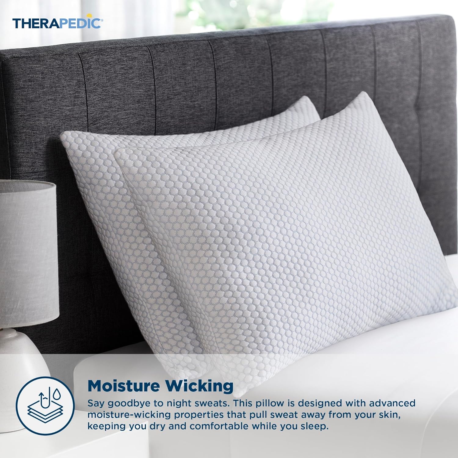Therapedic Perfect Comfort Pillows 2 Pack – Moisture Wicking, Cooling Cover, Machine Washable (Standard/Queen 20x26)