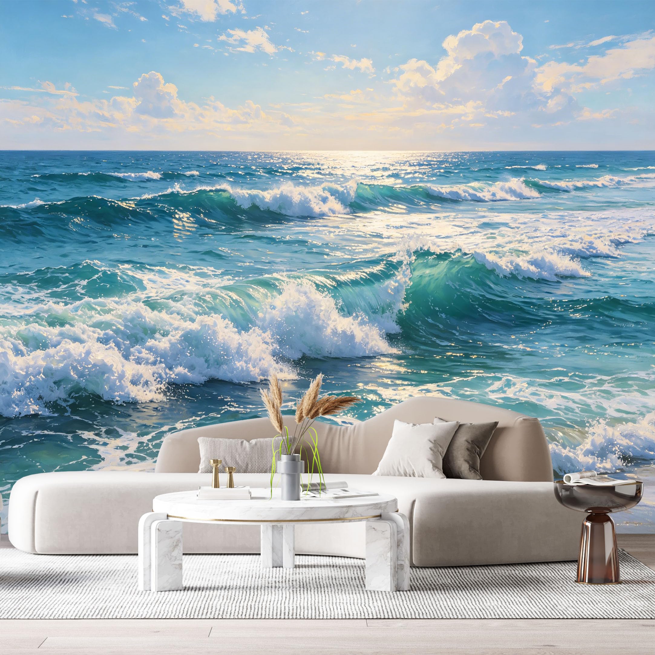 Custom Size Wall Murals Coastal Ocean Marine Oil Painting Sunlight Waves Seascape SelfAdhesive Wall Fabric Removable Large Wallpaper for Photo Living Room