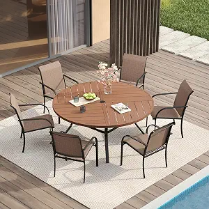 VICLLAX Patio Table and Chair Set of 6, All Weather Metal Round Outdoor Dining Furniture Set - 50" Round Table with Walnut Wood Grain Top