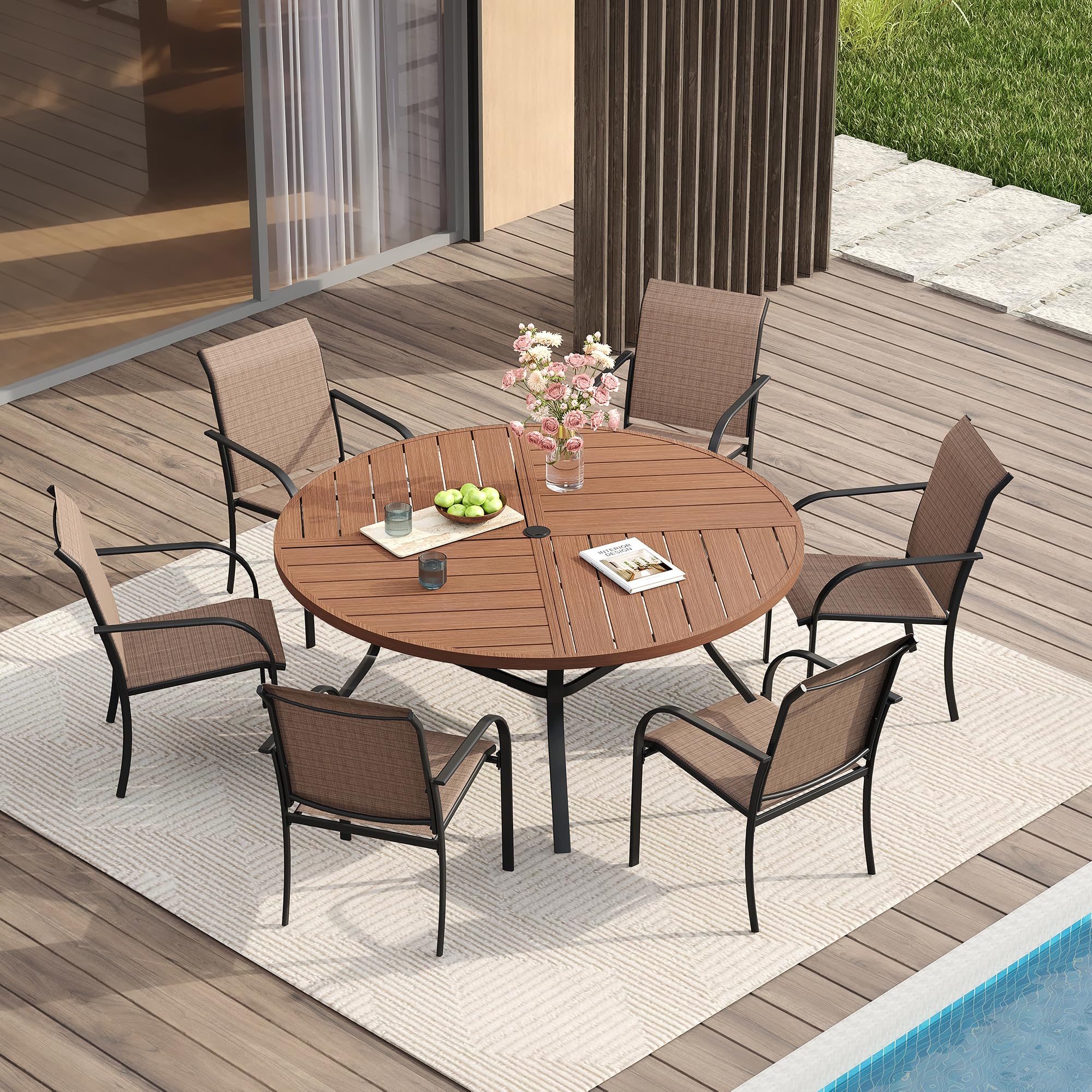 VICLLAX Patio Table and Chair Set of 6, All Weather Metal Round Outdoor Dining Furniture Set-50 Round Outdoor Table and Chairs, Walnut Wood Grain Tabletop