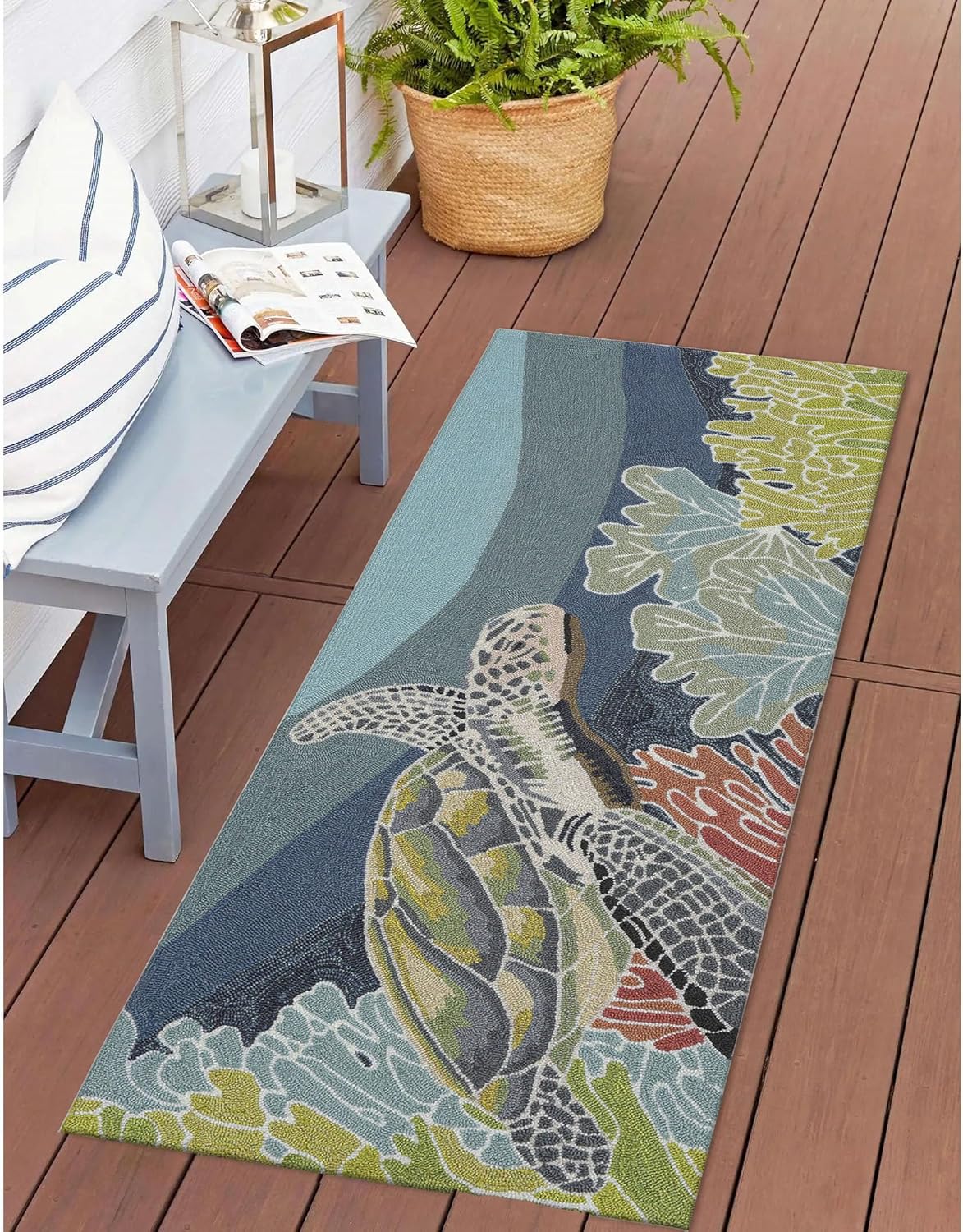 Liora Manne RAVELLA Indoor/Outdoor Hand Tufted Synthetic Blend Durable Area Rug - Contemporary Coastal Turtle Decorative (Akumal Ocean) (2' x 5')
