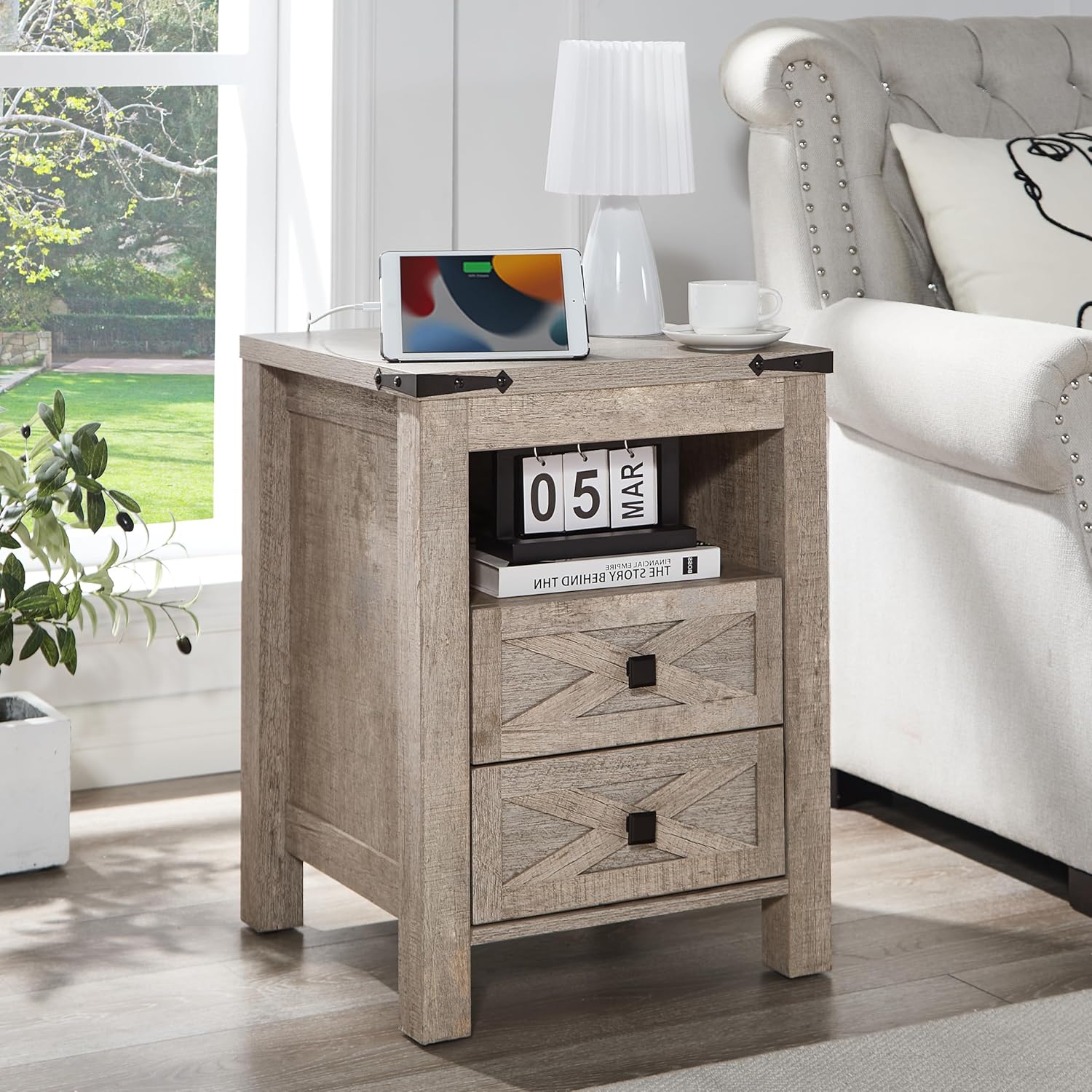 Gray Farmhouse Nightstand with Charging Station and Storage