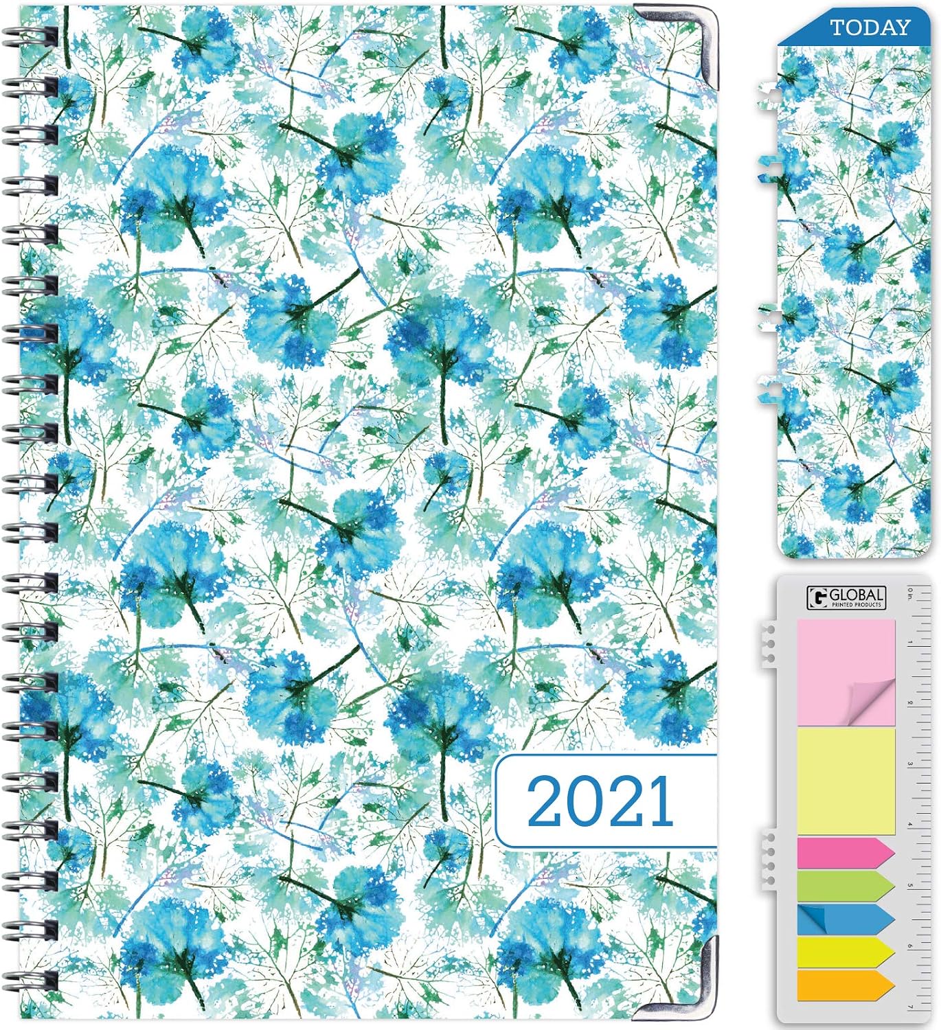 HARDCOVER 2021 Planner: (November 2020 Through December 2021) 5.5"x8" Daily Weekly Monthly Planner Yearly Agenda. Bookmark, Pocket Folder and Sticky Note Set (Blue Flowers)