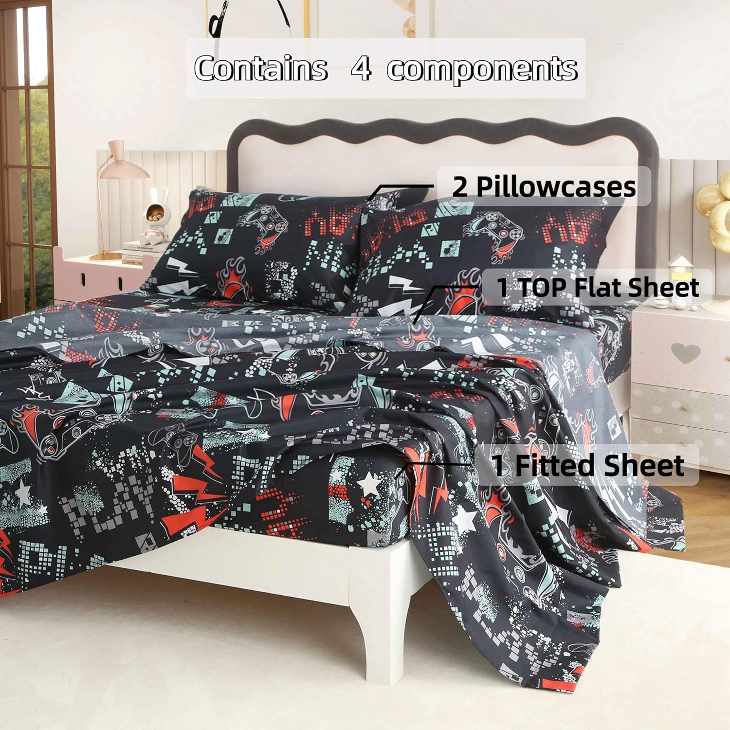 SDY 4PCS Game Sheet Sets Queen Size,Great Cartoon Microfiber Bed Sheets Sets,for Boys, Girls, Kids and Toddler, Bed in a Bag Packaged with 1 Fitted Sheet+ 1 Top Flat Sheet + 2 Pillowcases