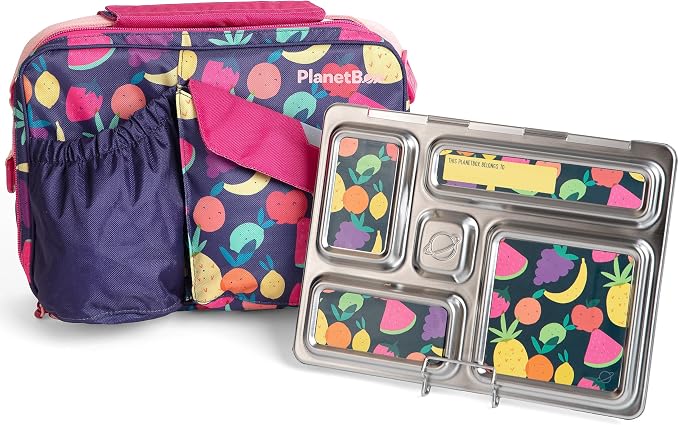 PlanetBoxRover Stainless Steel Bento Box Style Lunch Box Kit for Kids with 5 Compartments – Tutti Frutti Edition includes Insulated Lunch Bag, Leakproof Food Containers and Matching Magnets
