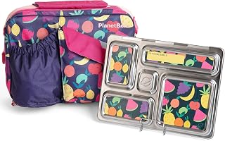 PlanetBox Rover Stainless Steel Bento Box Style Lunch Box Kit for Kids with 5 Compartments – Tutti Frutti Edition includes Insulated Lunch Bag, Leakproof Food Containers and Matching Magnets