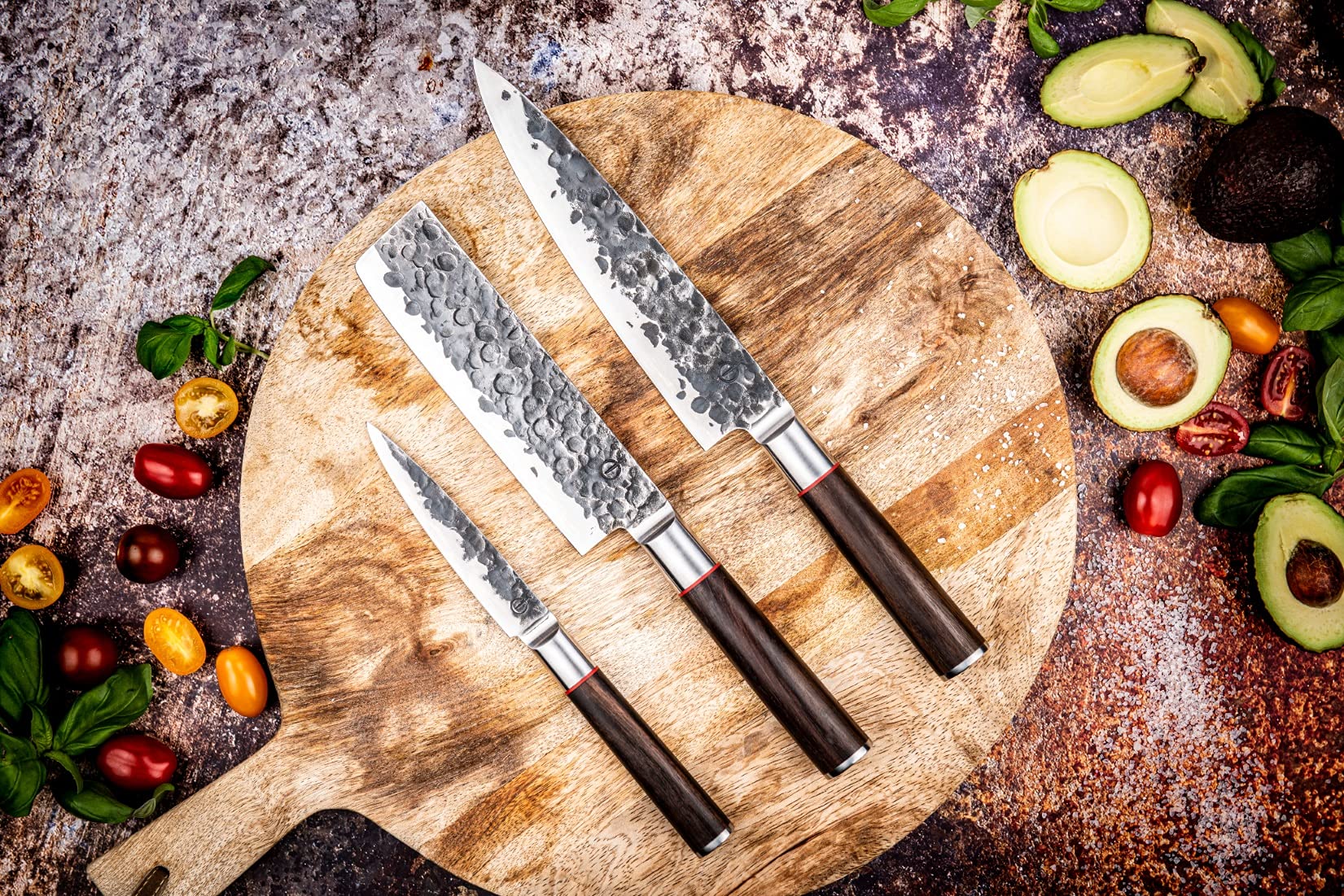 Forged Sebra Messerset 3-teilig, handgefertigt, in Holzkiste