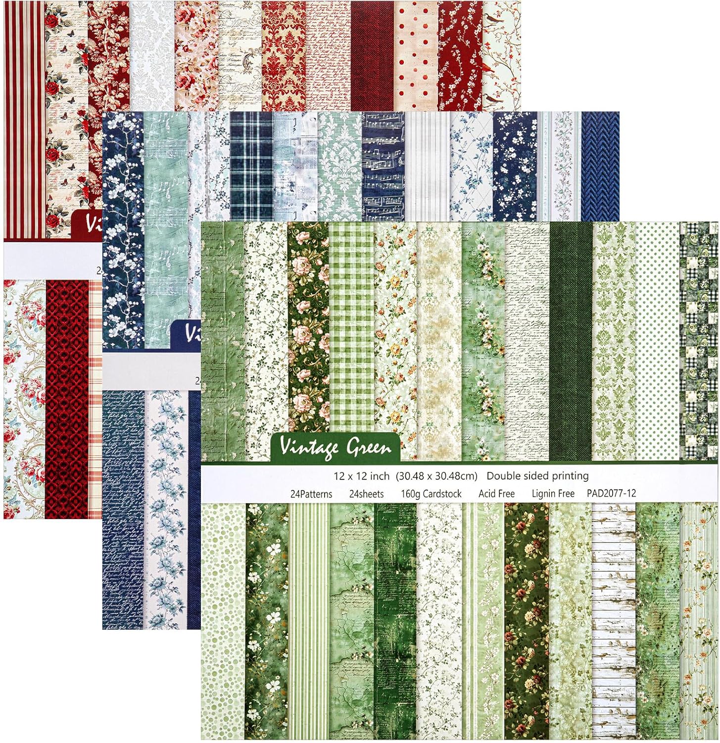 72 Sheets 12x12 Scrapbook Paper Multicolor Boho Floral Double-sided Craft Paper Spring Decorative Cardstock Journal Supply for DIY Photo Album Origami Decor (Red, Blue, Green,Vintage Flower)